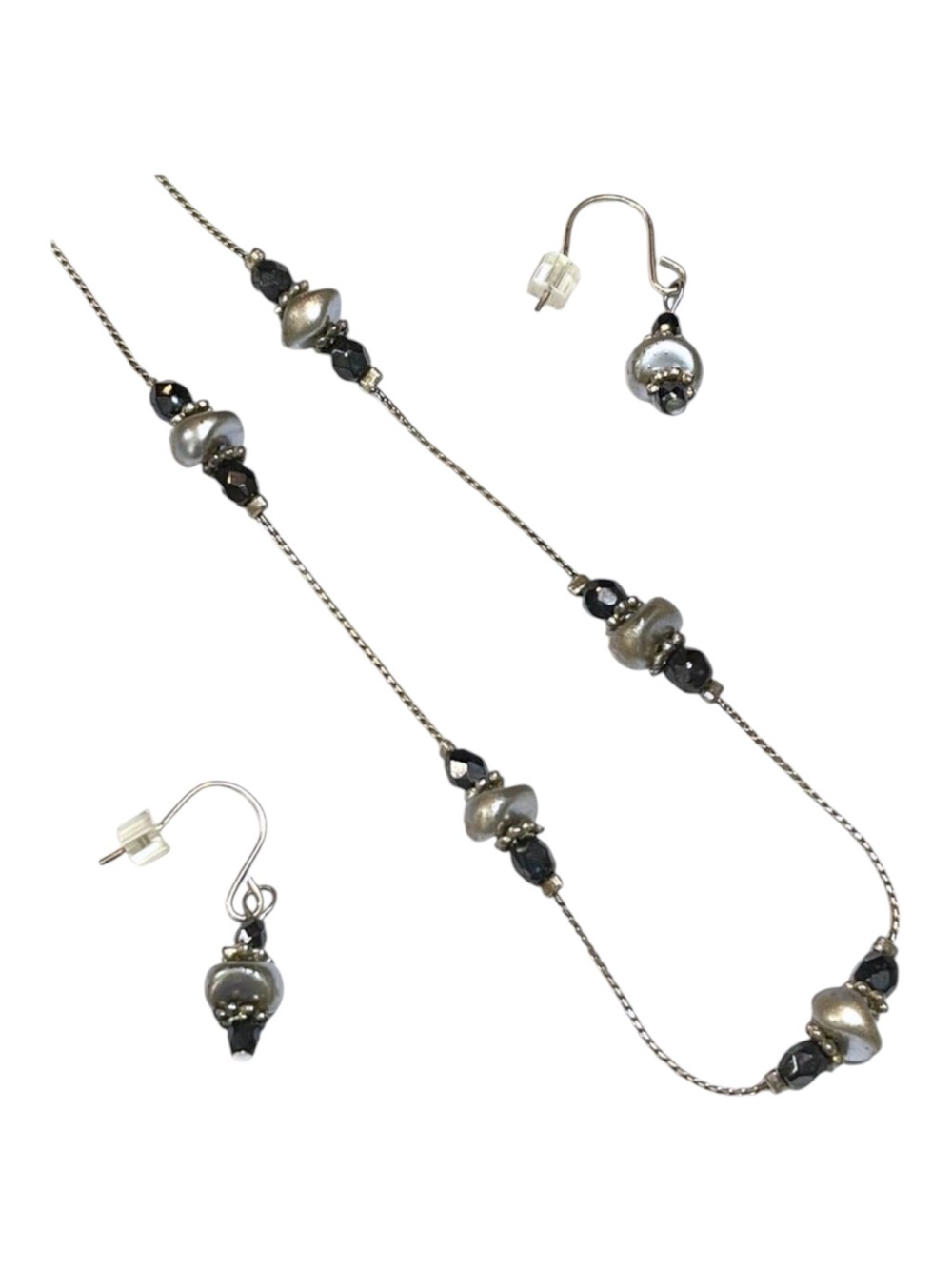 Handmade Necklace & Earrings Set Silver Chain Black Metallic Beaded